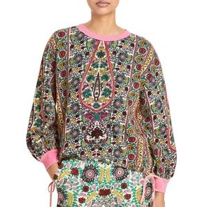 Alice + Olivia Amirah Drawstring Hem Floral Paisley Cotton Sweatshirt Size S/P